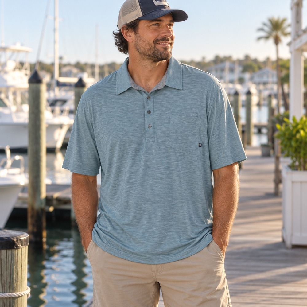 Free Fly Men's XXL Teal Heathered Pocket Polo Coastal Outdoor Bamboo
